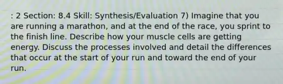 : 2 Section: 8.4 Skill: Synthesis/Evaluation 7) Imagine that you are running a marathon, and at the end of the race, you sprint to the finish line. Describe how your muscle cells are getting energy. Discuss the processes involved and detail the differences that occur at the start of your run and toward the end of your run.