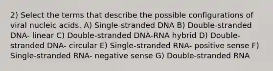 2) Select the terms that describe the possible configurations of viral nucleic acids. A) Single-stranded DNA B) Double-stranded DNA- linear C) Double-stranded DNA-RNA hybrid D) Double-stranded DNA- circular E) Single-stranded RNA- positive sense F) Single-stranded RNA- negative sense G) Double-stranded RNA