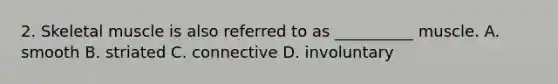 2. Skeletal muscle is also referred to as __________ muscle. A. smooth B. striated C. connective D. involuntary
