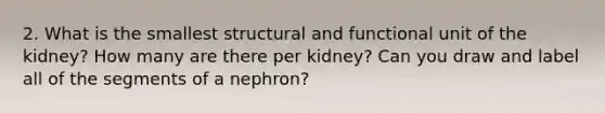 2. What is the smallest structural and functional unit of the kidney? How many are there per kidney? Can you draw and label all of the segments of a nephron?