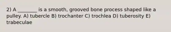 2) A ________ is a smooth, grooved bone process shaped like a pulley. A) tubercle B) trochanter C) trochlea D) tuberosity E) trabeculae