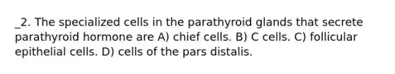 _2. The specialized cells in the parathyroid glands that secrete parathyroid hormone are A) chief cells. B) C cells. C) follicular epithelial cells. D) cells of the pars distalis.