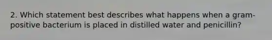 2. Which statement best describes what happens when a gram-positive bacterium is placed in distilled water and penicillin?