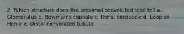 2. Which structure does the proximal convoluted lead to? a. Glomerulus b. Bowman's capsule c. Renal corpuscle d. Loop of Henle e. Distal convoluted tubule