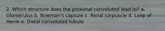 2. Which structure does the proximal convoluted lead to? a. Glomerulus b. Bowman's capsule c. Renal corpuscle d. Loop of Henle e. Distal convoluted tubule