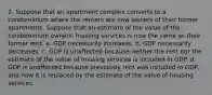 2. Suppose that an apartment complex converts to a condominium where the renters are now owners of their former apartments. Suppose that an estimate of the value of the condominium owners' housing services is now the same as their former rent. a. GDP necessarily increases. b. GDP necessarily decreases. c. GDP is unaffected because neither the rent nor the estimate of the value of housing services is included in GDP. d. GDP is unaffected because previously rent was included in GDP, and now it is replaced by the estimate of the value of housing services.