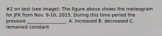 #2 on test (see image): The figure above shows the meteogram for JFK from Nov. 9-10, 2015. During this time period the pressure _________________. A. increased B. decreased C. remained constant
