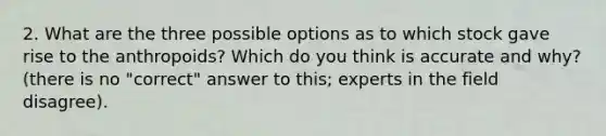 2. What are the three possible options as to which stock gave rise to the anthropoids? Which do you think is accurate and why? (there is no "correct" answer to this; experts in the field disagree).