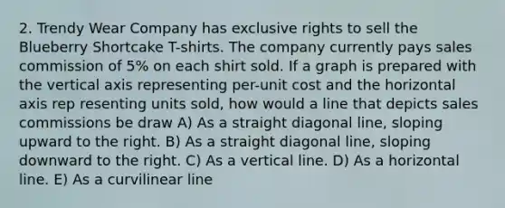 2. Trendy Wear Company has exclusive rights to sell the Blueberry Shortcake T-shirts. The company currently pays sales commission of 5% on each shirt sold. If a graph is prepared with the vertical axis representing per-unit cost and the horizontal axis rep resenting units sold, how would a line that depicts sales commissions be draw A) As a straight diagonal line, sloping upward to the right. B) As a straight diagonal line, sloping downward to the right. C) As a vertical line. D) As a horizontal line. E) As a curvilinear line