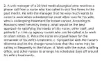 2. A unit manager of a 25-bed medical/surgical area receives a phone call from a nurse who has called in sick five times in the past month. He tells the manager that he very much wants to come to work when scheduled but must often care for his wife, who is undergoing treatment for breast cancer. According to Maslow's need hierarchy theory, what would be the best approach to satisfying the needs of this nurse, other staff, and patients? a. Line up agency nurses who can be called in to work on short notice. b. Place the nurse on unpaid leave for the remainder of his wife's treatment. c. Sympathize with the nurse's dilemma and let the charge nurse know that this nurse may be calling in frequently in the future. d. Work with the nurse, staffing office, and other nurses to arrange his scheduled days off around his wife's treatments.