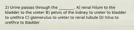 2) Urine passes through the ________. A) renal hilum to the bladder to the ureter B) pelvis of the kidney to ureter to bladder to urethra C) glomerulus to ureter to renal tubule D) hilus to urethra to bladder