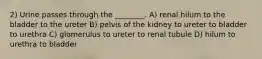 2) Urine passes through the ________. A) renal hilum to the bladder to the ureter B) pelvis of the kidney to ureter to bladder to urethra C) glomerulus to ureter to renal tubule D) hilum to urethra to bladder