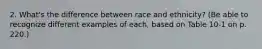 2. What's the difference between race and ethnicity? (Be able to recognize different examples of each, based on Table 10-1 on p. 220.)