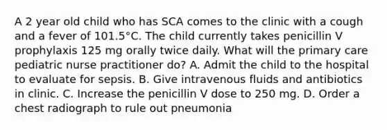 A 2 year old child who has SCA comes to the clinic with a cough and a fever of 101.5°C. The child currently takes penicillin V prophylaxis 125 mg orally twice daily. What will the primary care pediatric nurse practitioner do? A. Admit the child to the hospital to evaluate for sepsis. B. Give intravenous fluids and antibiotics in clinic. C. Increase the penicillin V dose to 250 mg. D. Order a chest radiograph to rule out pneumonia