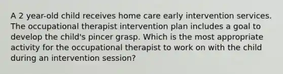 A 2 year-old child receives home care early intervention services. The occupational therapist intervention plan includes a goal to develop the child's pincer grasp. Which is the most appropriate activity for the occupational therapist to work on with the child during an intervention session?