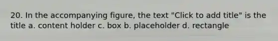 20. In the accompanying figure, the text "Click to add title" is the title a. content holder с. bоx b. placeholder d. rectangle