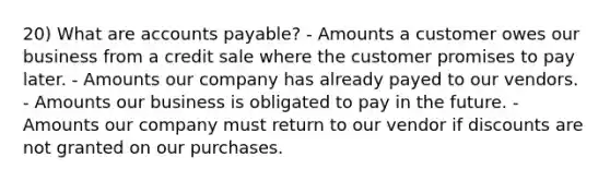 20) What are <a href='https://www.questionai.com/knowledge/kWc3IVgYEK-accounts-payable' class='anchor-knowledge'>accounts payable</a>? - Amounts a customer owes our business from a credit sale where the customer promises to pay later. - Amounts our company has already payed to our vendors. - Amounts our business is obligated to pay in the future. - Amounts our company must return to our vendor if discounts are not granted on our purchases.