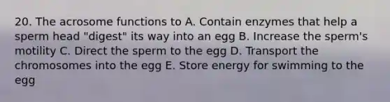 20. The acrosome functions to A. Contain enzymes that help a sperm head "digest" its way into an egg B. Increase the sperm's motility C. Direct the sperm to the egg D. Transport the chromosomes into the egg E. Store energy for swimming to the egg