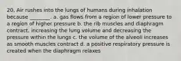 20. Air rushes into the lungs of humans during inhalation because ________. a. gas flows from a region of lower pressure to a region of higher pressure b. the rib muscles and diaphragm contract, increasing the lung volume and decreasing the pressure within the lungs c. the volume of the alveoli increases as smooth muscles contract d. a positive respiratory pressure is created when the diaphragm relaxes