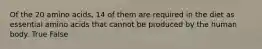 Of the 20 amino acids, 14 of them are required in the diet as essential amino acids that cannot be produced by the human body. True False