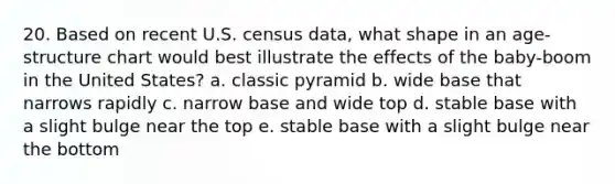 20. Based on recent U.S. census data, what shape in an age-structure chart would best illustrate the effects of the baby-boom in the United States? a. classic pyramid b. wide base that narrows rapidly c. narrow base and wide top d. stable base with a slight bulge near the top e. stable base with a slight bulge near the bottom