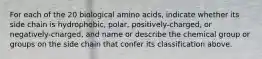 For each of the 20 biological amino acids, indicate whether its side chain is hydrophobic, polar, positively-charged, or negatively-charged, and name or describe the chemical group or groups on the side chain that confer its classification above.