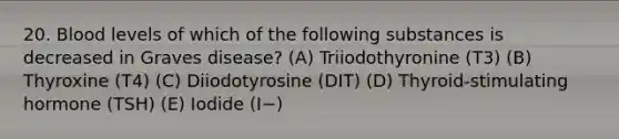 20. Blood levels of which of the following substances is decreased in Graves disease? (A) Triiodothyronine (T3) (B) Thyroxine (T4) (C) Diiodotyrosine (DIT) (D) Thyroid-stimulating hormone (TSH) (E) Iodide (I−)