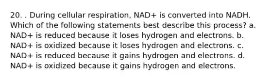 20. . During cellular respiration, NAD+ is converted into NADH. Which of the following statements best describe this process? a. NAD+ is reduced because it loses hydrogen and electrons. b. NAD+ is oxidized because it loses hydrogen and electrons. c. NAD+ is reduced because it gains hydrogen and electrons. d. NAD+ is oxidized because it gains hydrogen and electrons.