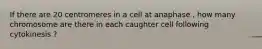 If there are 20 centromeres in a cell at anaphase , how many chromosome are there in each caughter cell following cytokinesis ?