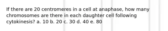 If there are 20 centromeres in a cell at anaphase, how many chromosomes are there in each daughter cell following cytokinesis? a. 10 b. 20 c. 30 d. 40 e. 80