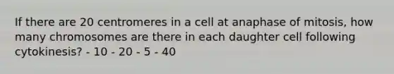 If there are 20 centromeres in a cell at anaphase of mitosis, how many chromosomes are there in each daughter cell following cytokinesis? - 10 - 20 - 5 - 40