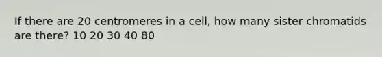 If there are 20 centromeres in a cell, how many sister chromatids are there? 10 20 30 40 80