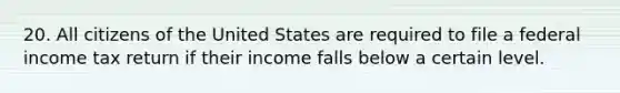 20. All citizens of the United States are required to file a federal income tax return if their income falls below a certain level.