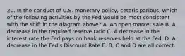 20. In the conduct of U.S. monetary policy, ceteris paribus, which of the following activities by the Fed would be most consistent with the shift in the diagram above? A. An open market sale.B. A decrease in the required reserve ratio.C. A decrease in the interest rate the Fed pays on bank reserves held at the Fed. D. A decrease in the Fed's Discount Rate.E. B, C and D are all correct.