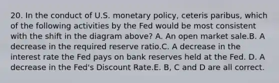 20. In the conduct of U.S. monetary policy, ceteris paribus, which of the following activities by the Fed would be most consistent with the shift in the diagram above? A. An open market sale.B. A decrease in the required reserve ratio.C. A decrease in the interest rate the Fed pays on bank reserves held at the Fed. D. A decrease in the Fed's Discount Rate.E. B, C and D are all correct.