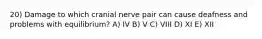 20) Damage to which cranial nerve pair can cause deafness and problems with equilibrium? A) IV B) V C) VIII D) XI E) XII