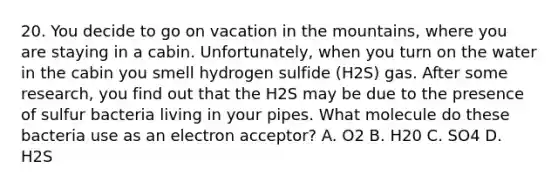 20. You decide to go on vacation in the mountains, where you are staying in a cabin. Unfortunately, when you turn on the water in the cabin you smell hydrogen sulfide (H2S) gas. After some research, you find out that the H2S may be due to the presence of sulfur bacteria living in your pipes. What molecule do these bacteria use as an electron acceptor? A. O2 B. H20 C. SO4 D. H2S