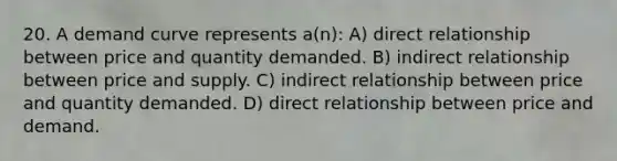 20. A demand curve represents a(n): A) direct relationship between price and quantity demanded. B) indirect relationship between price and supply. C) indirect relationship between price and quantity demanded. D) direct relationship between price and demand.