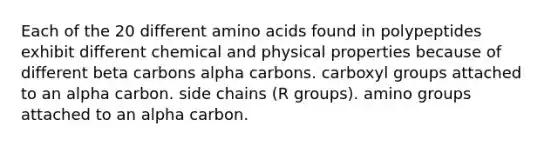 Each of the 20 different amino acids found in polypeptides exhibit different chemical and physical properties because of different beta carbons alpha carbons. carboxyl groups attached to an alpha carbon. side chains (R groups). amino groups attached to an alpha carbon.