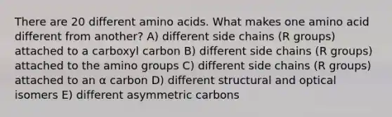 There are 20 different amino acids. What makes one amino acid different from another? A) different side chains (R groups) attached to a carboxyl carbon B) different side chains (R groups) attached to the amino groups C) different side chains (R groups) attached to an α carbon D) different structural and optical isomers E) different asymmetric carbons