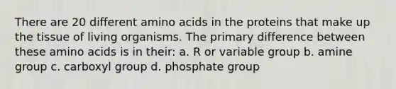 There are 20 different amino acids in the proteins that make up the tissue of living organisms. The primary difference between these amino acids is in their: a. R or variable group b. amine group c. carboxyl group d. phosphate group