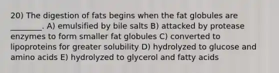 20) The digestion of fats begins when the fat globules are ________. A) emulsified by bile salts B) attacked by protease enzymes to form smaller fat globules C) converted to lipoproteins for greater solubility D) hydrolyzed to glucose and amino acids E) hydrolyzed to glycerol and fatty acids