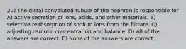 20) The distal convoluted tubule of the nephron is responsible for A) active secretion of ions, acids, and other materials. B) selective reabsorption of sodium ions from the filtrate. C) adjusting osmotic concentration and balance. D) All of the answers are correct. E) None of the answers are correct.