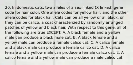 20. In domestic cats, two alleles of a sex-linked (X-linked) gene code for hair color. One allele codes for yellow hair, and the other allele codes for black hair. Cats can be all yellow or all black, or they can be calico, a coat characterized by randomly arranged patches of yellow and black hair. With respect to this gene, all of the following are true EXCEPT: A. A black female and a yellow male can produce a black male cat. B. A black female and a yellow male can produce a female calico cat. C. A calico female and a black male can produce a female calico cat. D. A calico female and a yellow male can produce a female calico cat. E. A calico female and a yellow male can produce a male calico cat.