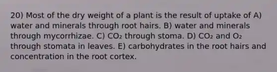 20) Most of the dry weight of a plant is the result of uptake of A) water and minerals through root hairs. B) water and minerals through mycorrhizae. C) CO₂ through stoma. D) CO₂ and O₂ through stomata in leaves. E) carbohydrates in the root hairs and concentration in the root cortex.