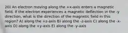 20) An electron moving along the +x-axis enters a magnetic field. If the electron experiences a magnetic deflection in the -y direction, what is the direction of the magnetic field in this region? A) along the +z-axis B) along the -z-axis C) along the -x-axis D) along the +y-axis E) along the -y-axis