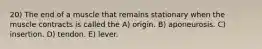 20) The end of a muscle that remains stationary when the muscle contracts is called the A) origin. B) aponeurosis. C) insertion. D) tendon. E) lever.