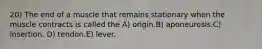 20) The end of a muscle that remains stationary when the muscle contracts is called the A) origin.B) aponeurosis.C) insertion. D) tendon.E) lever.