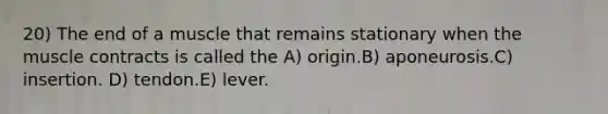 20) The end of a muscle that remains stationary when the muscle contracts is called the A) origin.B) aponeurosis.C) insertion. D) tendon.E) lever.