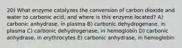 20) What enzyme catalyzes the conversion of carbon dioxide and water to carbonic acid, and where is this enzyme located? A) carbonic anhydrase, in plasma B) carbonic dehydrogenase, in plasma C) carbonic dehydrogenase, in hemoglobin D) carbonic anhydrase, in erythrocytes E) carbonic anhydrase, in hemoglobin